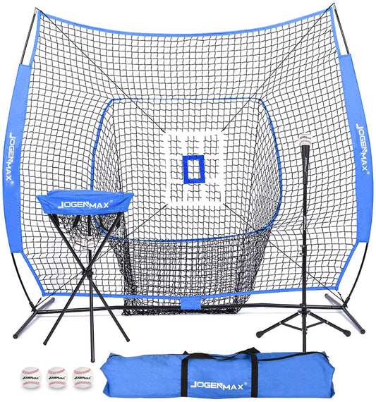 JOGENMAX 7x7 DLX Practice Net + Deluxe Tee + Ball Caddy + 3 Training Ball/Strike Zone Bundle + Carrying Bag | Baseball Softball Pitching Batting Training Equipment Set