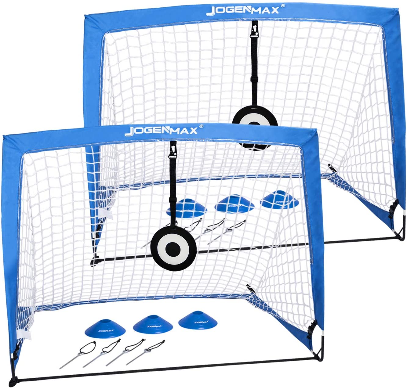 JOGENMAX Portable Soccer Goal, Pop Up Goal Nets with Aim Target,Set of 2, with Agility Training Cones,Led Lights and Carry Case Gift for Kids Teen Boy & Adults Size 4‘X3’X3‘