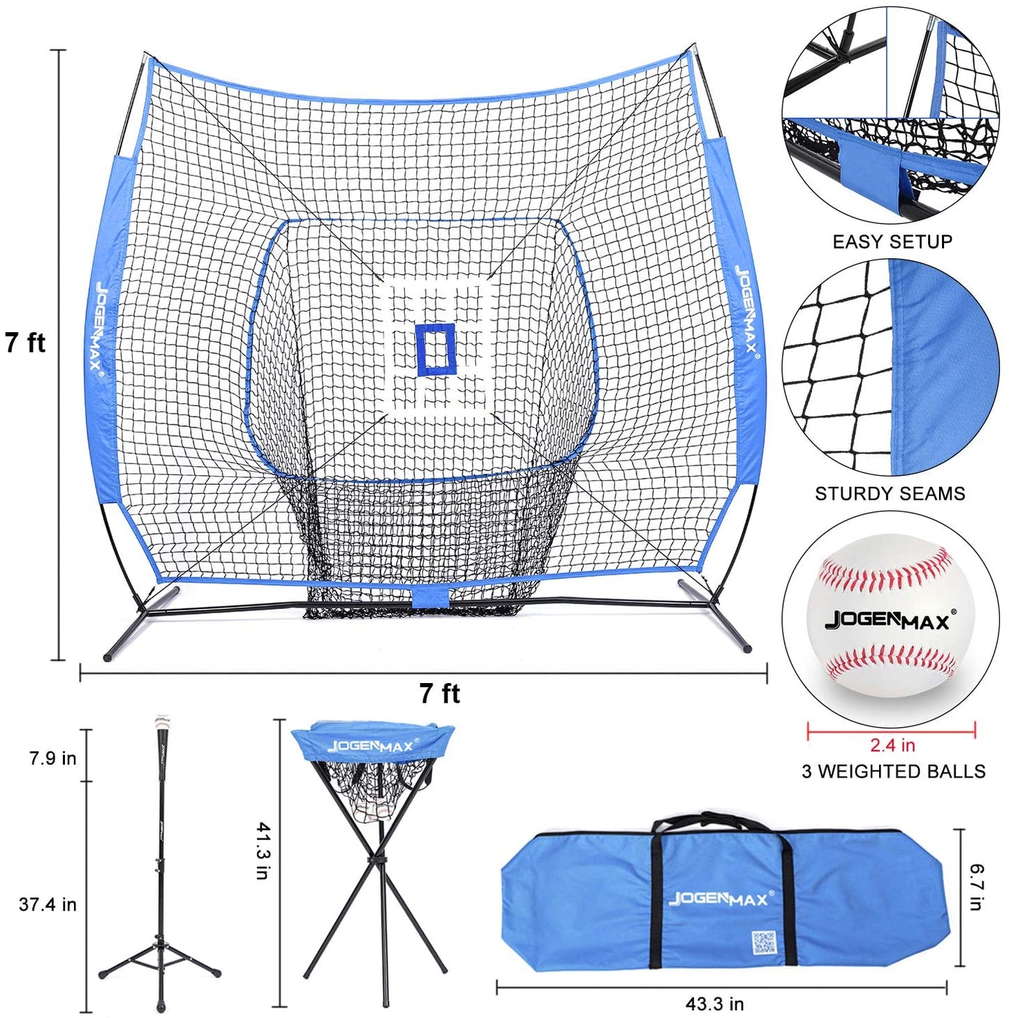 JOGENMAX 7x7 DLX Practice Net + Deluxe Tee + Ball Caddy + 3 Training Ball/Strike Zone Bundle + Carrying Bag | Baseball Softball Pitching Batting Training Equipment Set