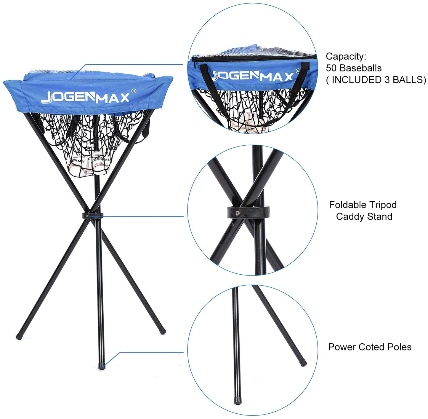 JOGENMAX 7x7 DLX Practice Net + Deluxe Tee + Ball Caddy + 3 Training Ball/Strike Zone Bundle + Carrying Bag | Baseball Softball Pitching Batting Training Equipment Set