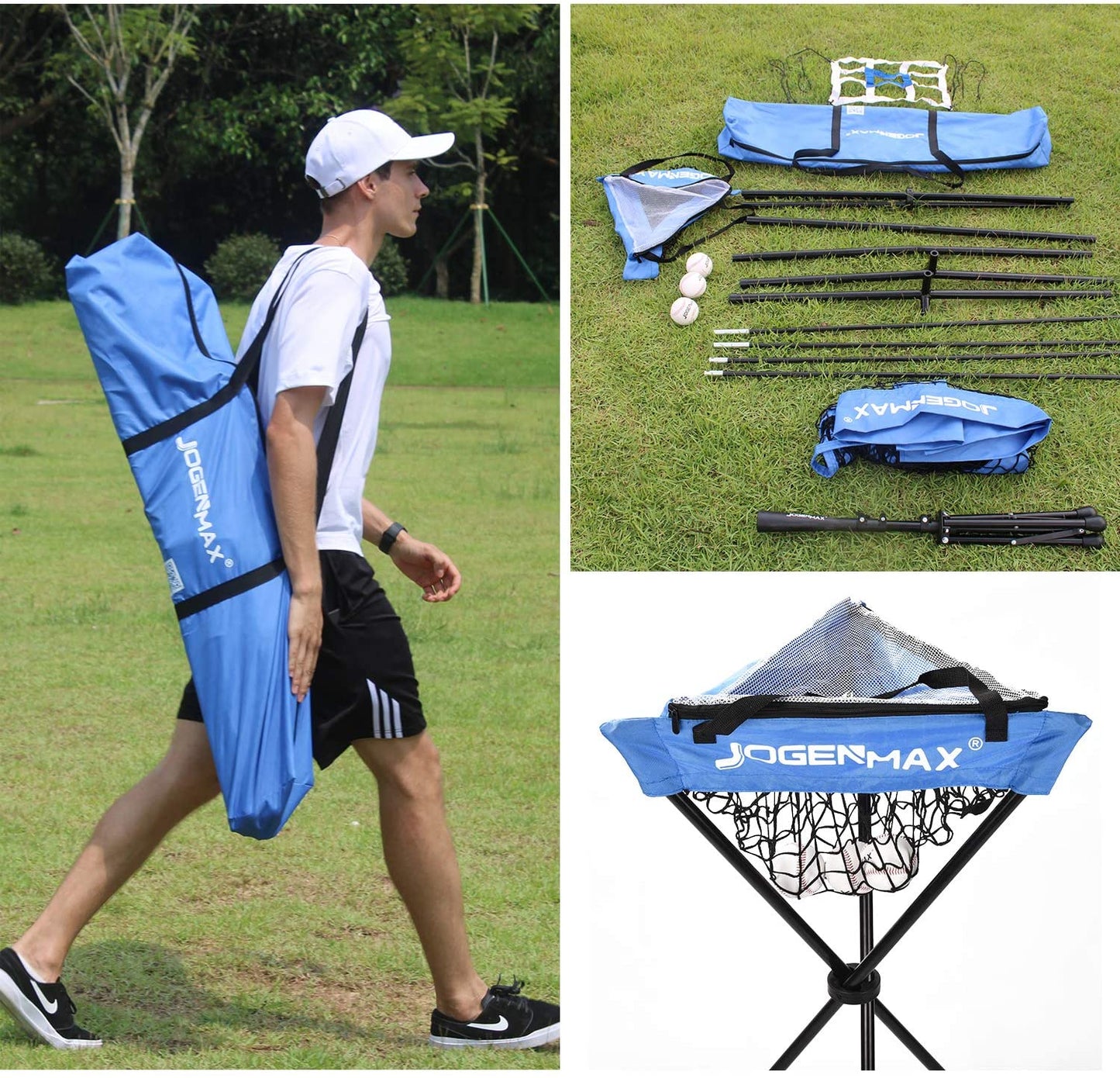 JOGENMAX 7x7 DLX Practice Net + Deluxe Tee + Ball Caddy + 3 Training Ball/Strike Zone Bundle + Carrying Bag | Baseball Softball Pitching Batting Training Equipment Set